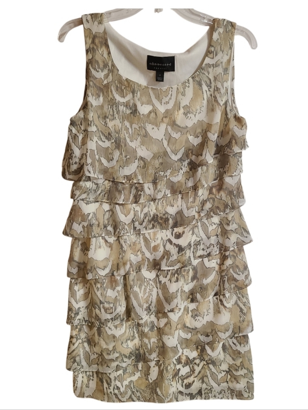 Connected Apparel Sleeveless Layered Ruffle Mini Dress Earthy Abstract Size 8